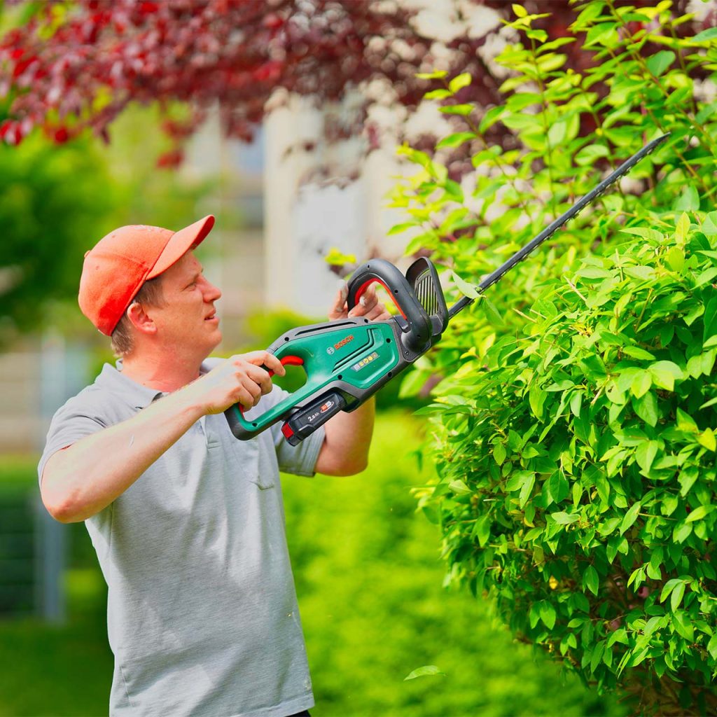 Das Foto zeigt einen Mann, der mit einer Heckenschere Gartenarbeiten im Außenbereich des Maria Stadler Haus durchführt.